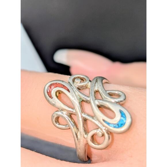 Vintage Silver Tone Crushed Stone Inlay Swirl Design Ring Size 8.5 - Picture 2 of 4